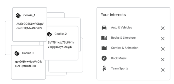 Example illustrations of what you can see about 3rd party cookies (left) vs Topics (right)