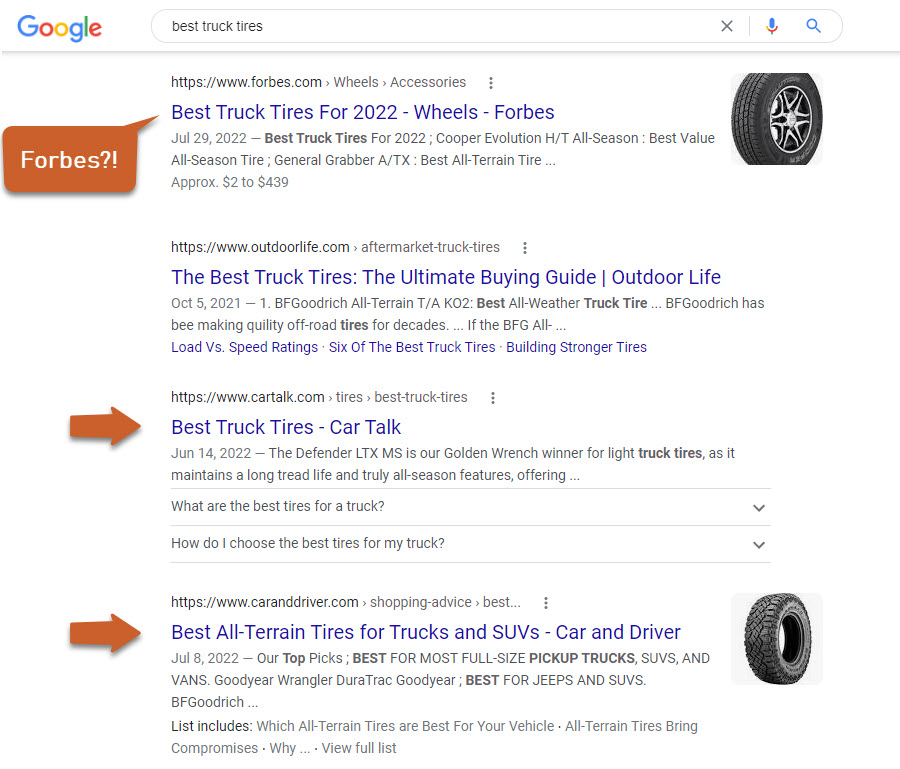 Google search results page for "best truck tires." The first result is from Forbes while the third and fourth are from automobile-specific domains, car talk and car and driver.