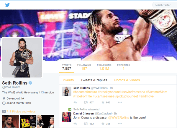 Screen cap of WWE Champ Seth Rollins' Twitter page
