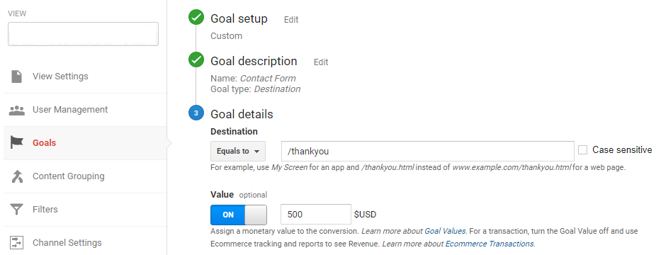 Setting goal value in Google Analytics