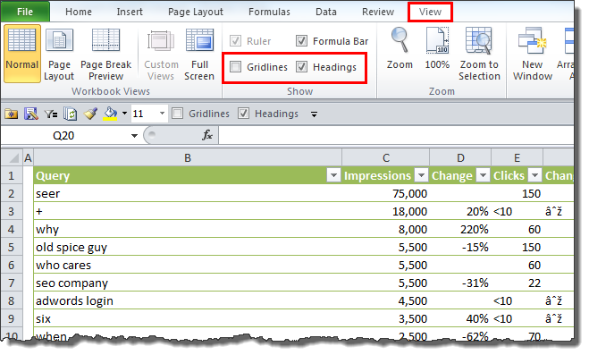 Turning off gridlines and headings in Excel
