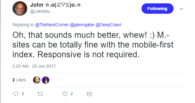 John Mueller tweet on mobile 2017