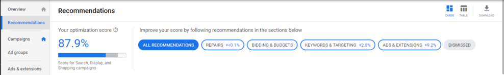 recommendation screen