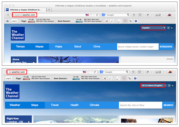 Language and Country Targeting Subdomains - Weather Channel