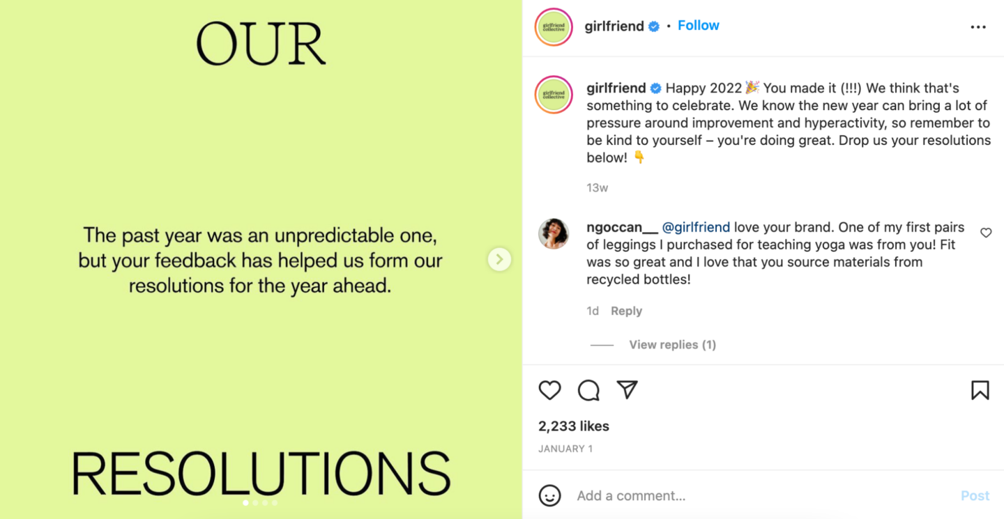 Screenshot of Instagram post from the Girlfriend Collective. The posted image has a light green background with the text “Our Resolutions. The past year was an unpredictable one, but your feedback has helped us form our resolutions for the year ahead.