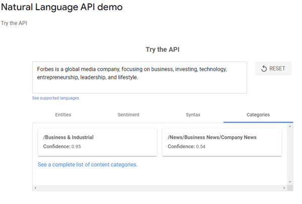 Google's Natural Language API demo screenshot, shows Forbe's categories as business & industrial and business news