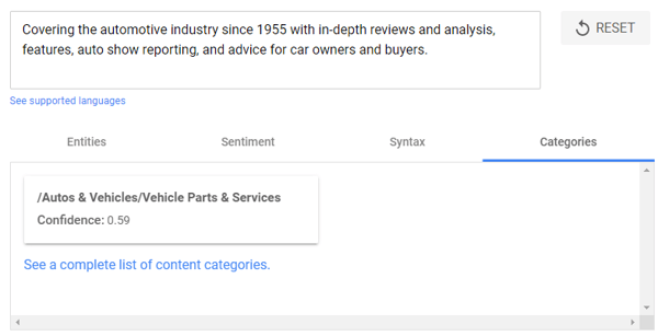 Google's Natural Language API demo screenshot, shows Car and Driver's description as autos & vehicles