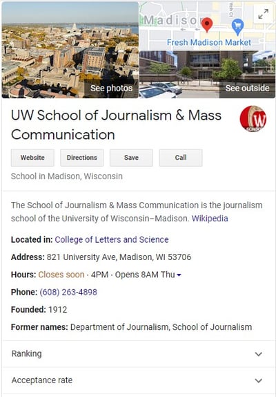 A screenshot a Google Business Profile results for the UW School of Journalism & Mass Communication
