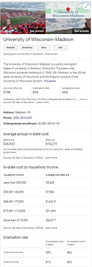 A screenshot that shows how a knowledge panel for The University of Madison-Wisconsin appears in the SERPs