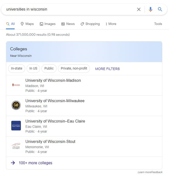 A screenshot that shows how the search “colleges in wisconsin” can trigger SERP results
