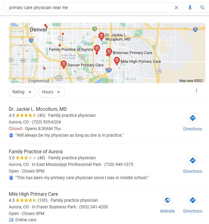 A screenshot shows how “primary care physician near me” searches can trigger the Map Pack