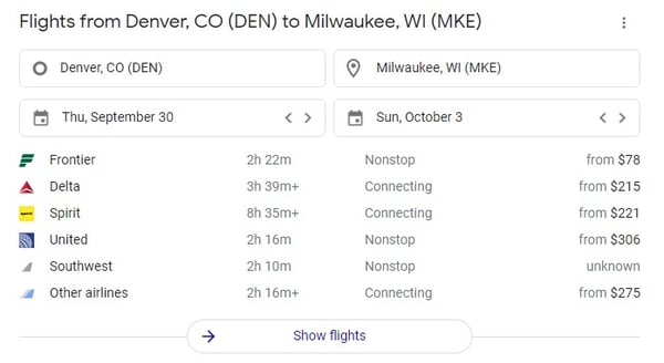 A screenshot shows how flight information for flights from Denver to Milwaukee can appear in the SERPs