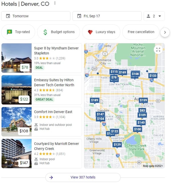 A screenshot that shows how hotels in Denver can appear in the Map results