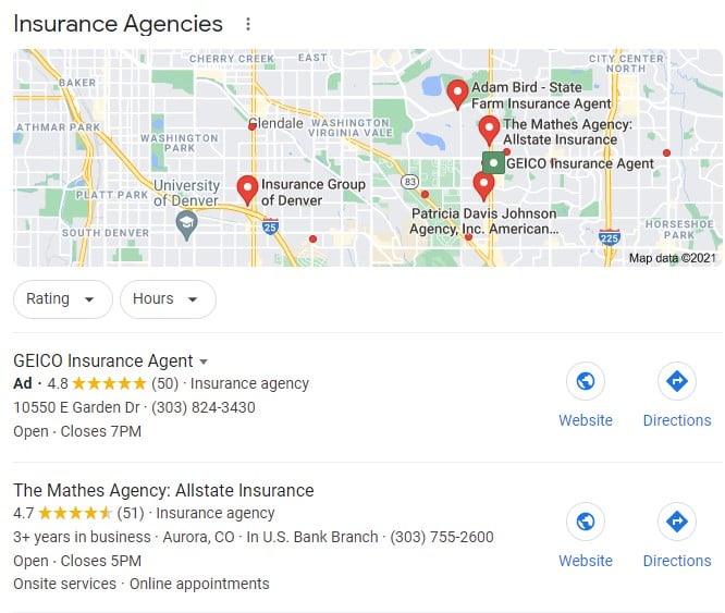 A screenshot that shows how different insurance agencies can appear in the localized Map Pack in the SERPs