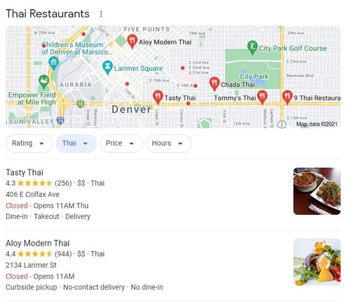 A screenshot that shows how different Thai restaurants can appear in the Map Pack of the SERPs