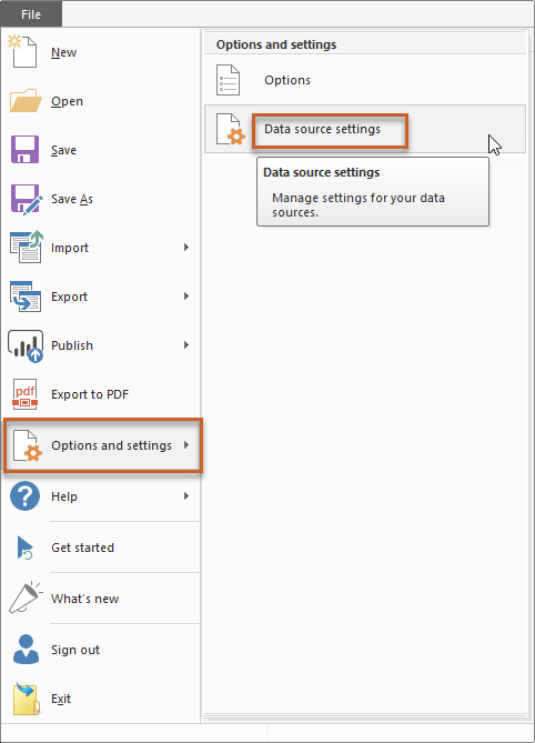 Data Source Settings in Options and Settings