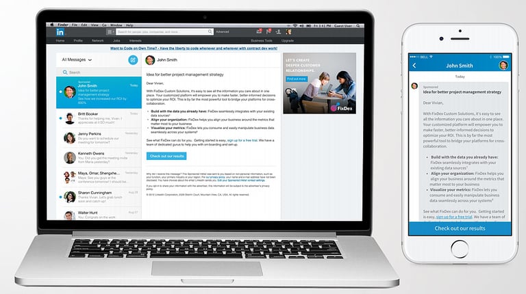 linkedin conversation ad examples on desktop and mobile