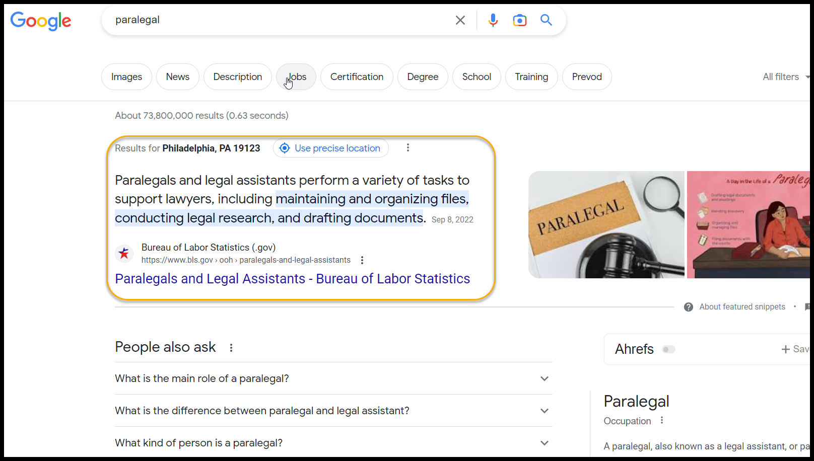 google search for paralegal has a answerbox and a people also ask