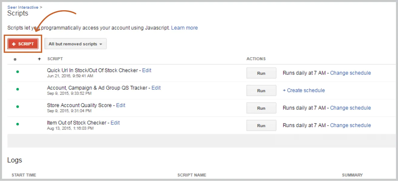 AdWords UI add script button